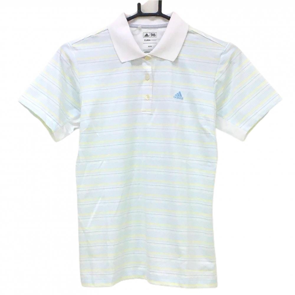 【美品】アディダス 半袖ポロシャツ 白×ライトブルー ボーダー CLIMACOL レディース M/M ゴルフウェア adidas