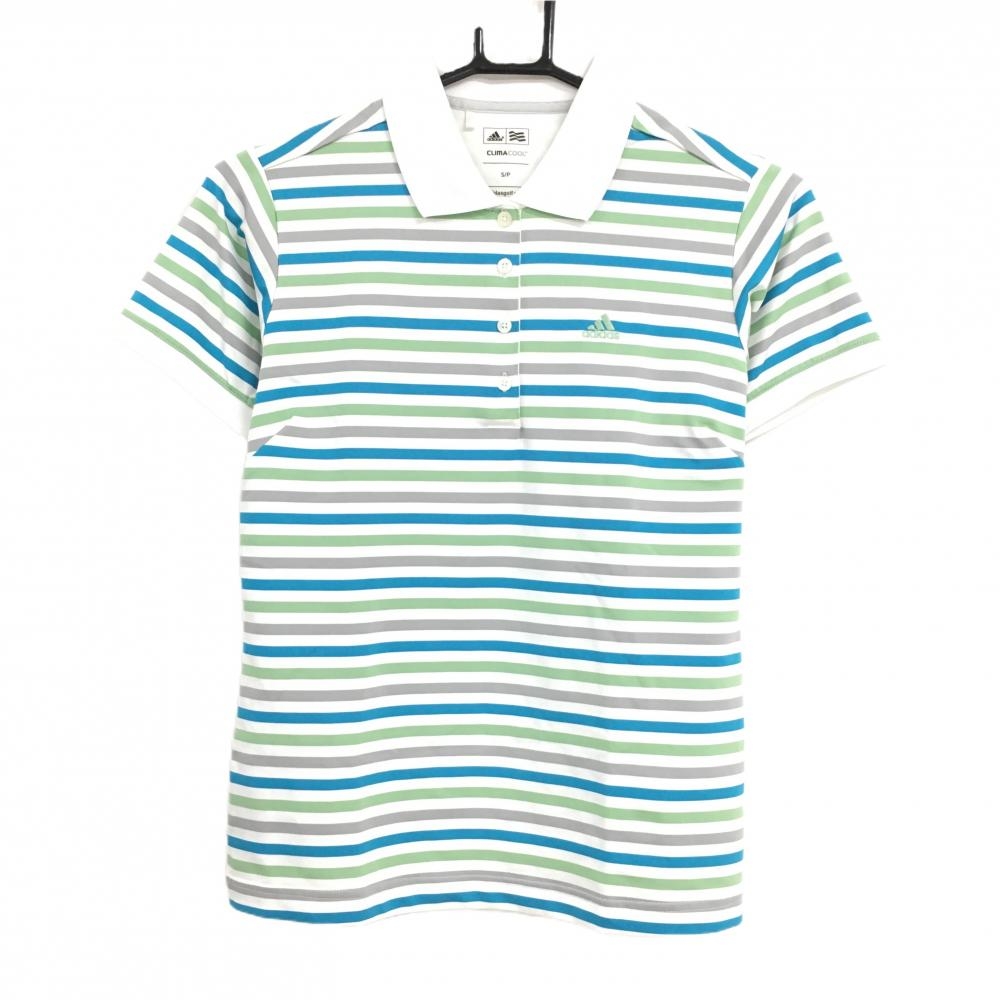 【超美品】アディダス 半袖ポロシャツ 白×ブルー×ライトグリーン ボーダー クリマクール レディース S/P ゴルフウェア adidas