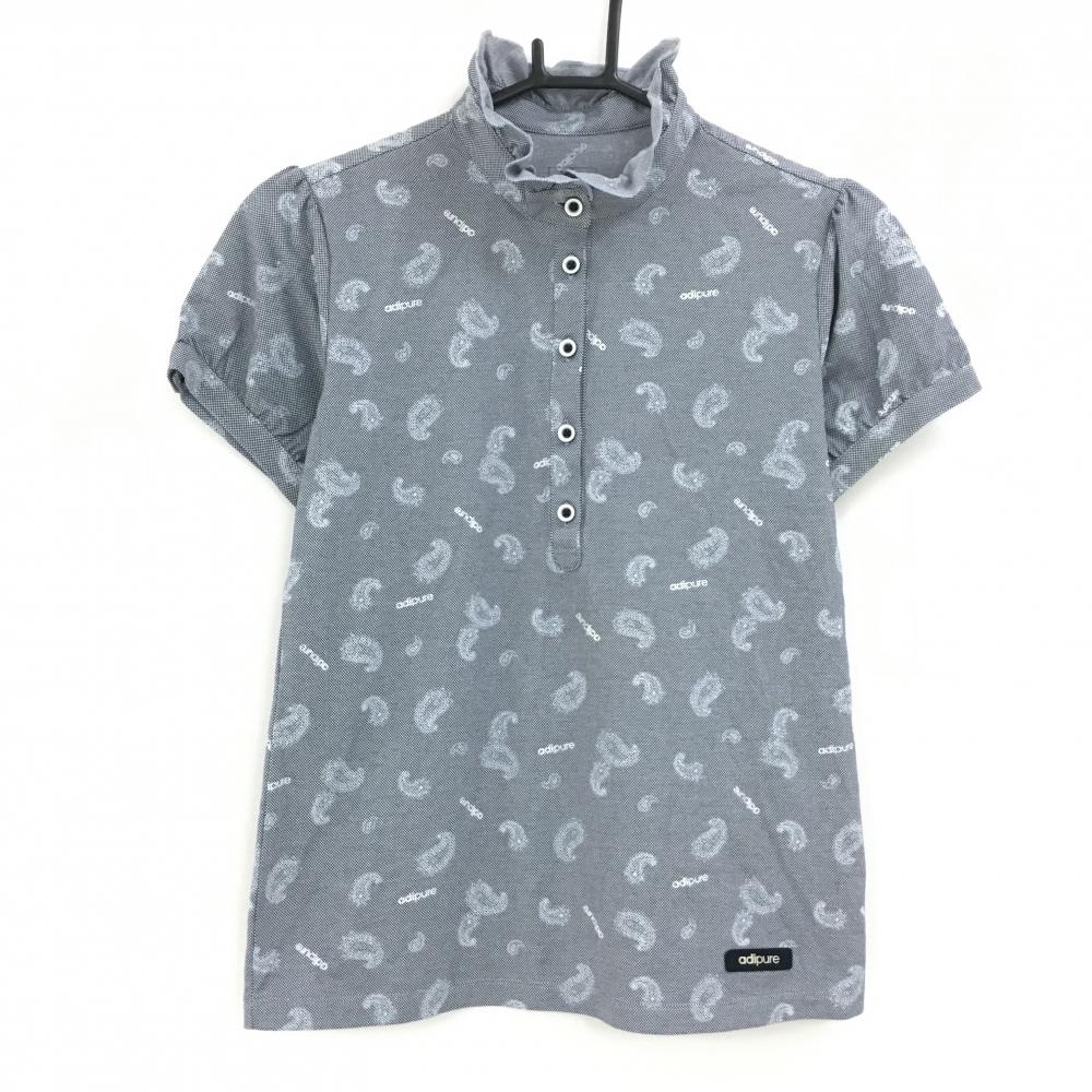 【超美品】アディダス 半袖ポロシャツ 黒×白 ペイズリー調 襟フリル adipure レディース S/P ゴルフウェア adidas