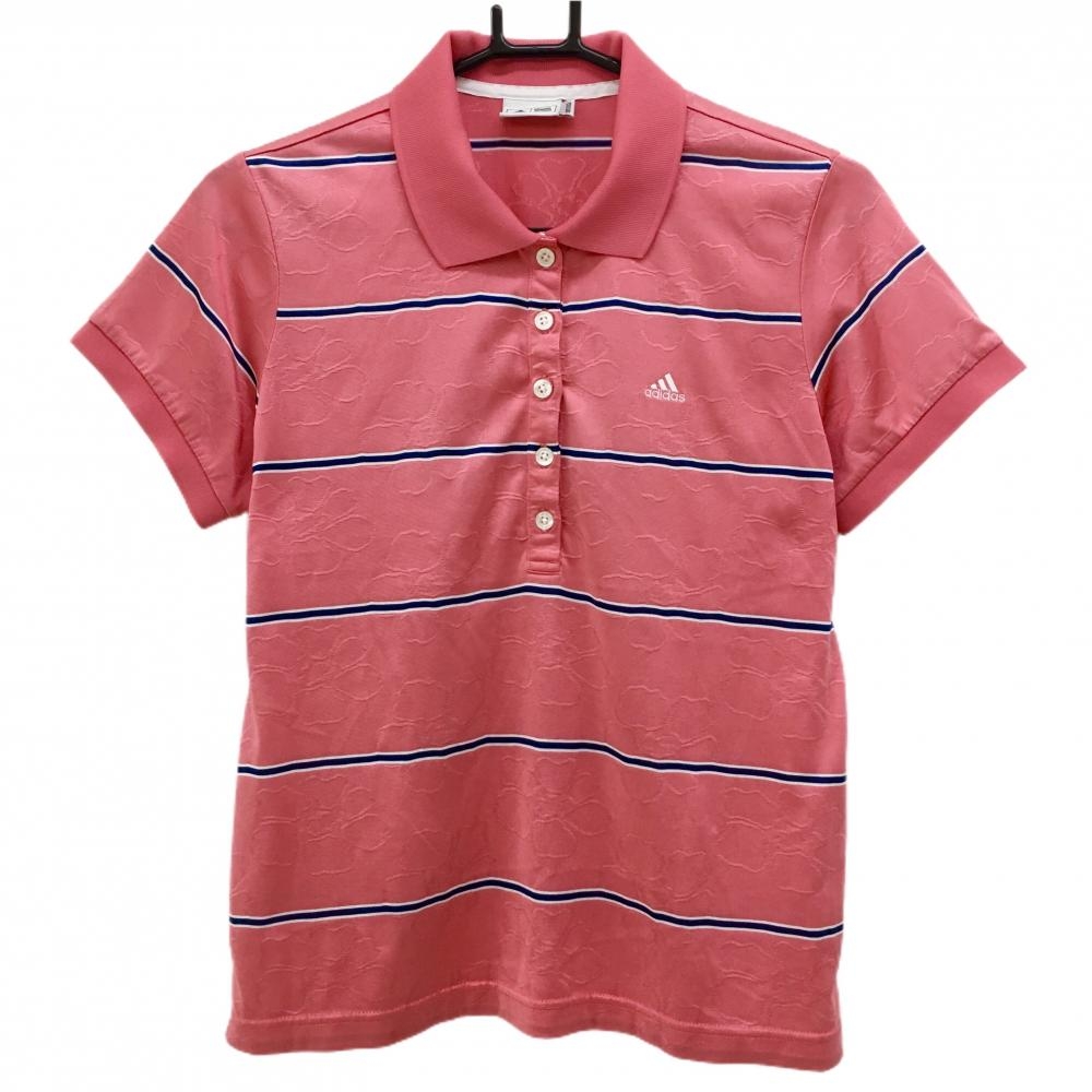 【超美品】アディダス 半袖ポロシャツ ピンク×ネイビー ボーダー 花柄織生地  レディース OT/XG ゴルフウェア adidas