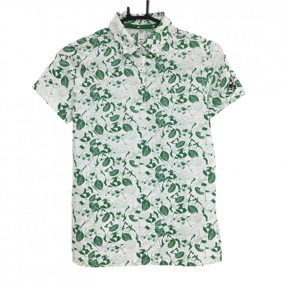 アディダス 半袖ポロシャツ 白×グリーン 総柄 サッカー生地 レディース M ゴルフウェア adidas