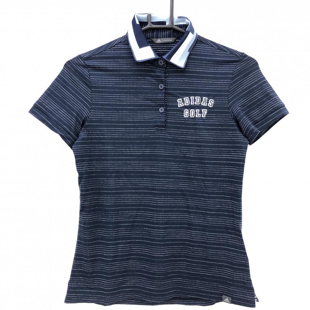 【美品】アディダス 半袖ポロシャツ ネイビー×白 ボーダー調 襟柄 ADICROSS レディース M ゴルフウェア adidas