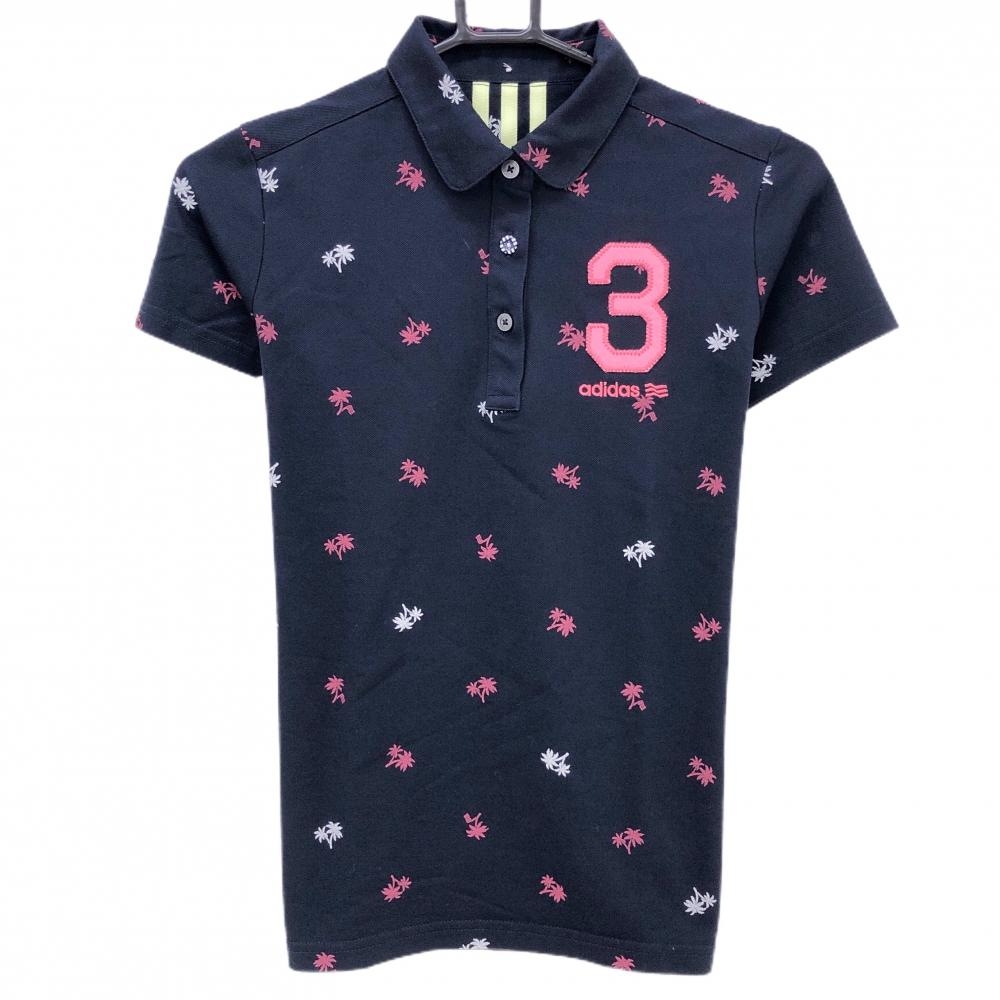 【美品】アディダス 半袖ポロシャツ ダークネイビー×ピンク×白 ヤシの木総柄 フェルトワッペン レディース M/M ゴルフウェア adidas
