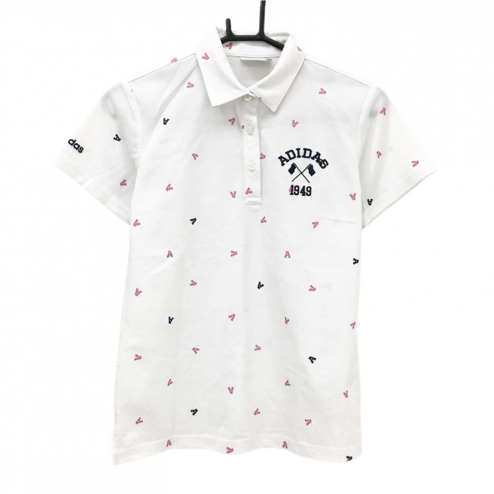 【超美品】アディダス 半袖ポロシャツ 白×ピンク アルファベット総柄 ロゴ刺しゅう レディース M ゴルフウェア adidas