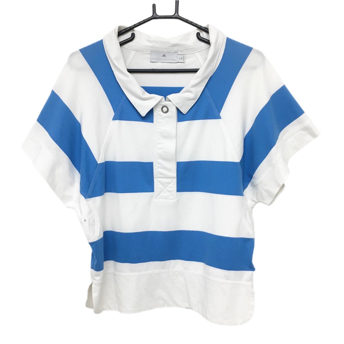 【美品】アディダス 半袖ポロシャツ 白×ライトブルー ボーダー スナップボタン Stella Mccartny レディース M ゴルフウェア adidas