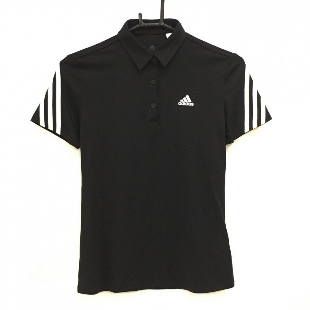 【美品】アディダス 半袖ポロシャツ 黒×白 袖ライン ボタンダウン レディース S ゴルフウェア adidas