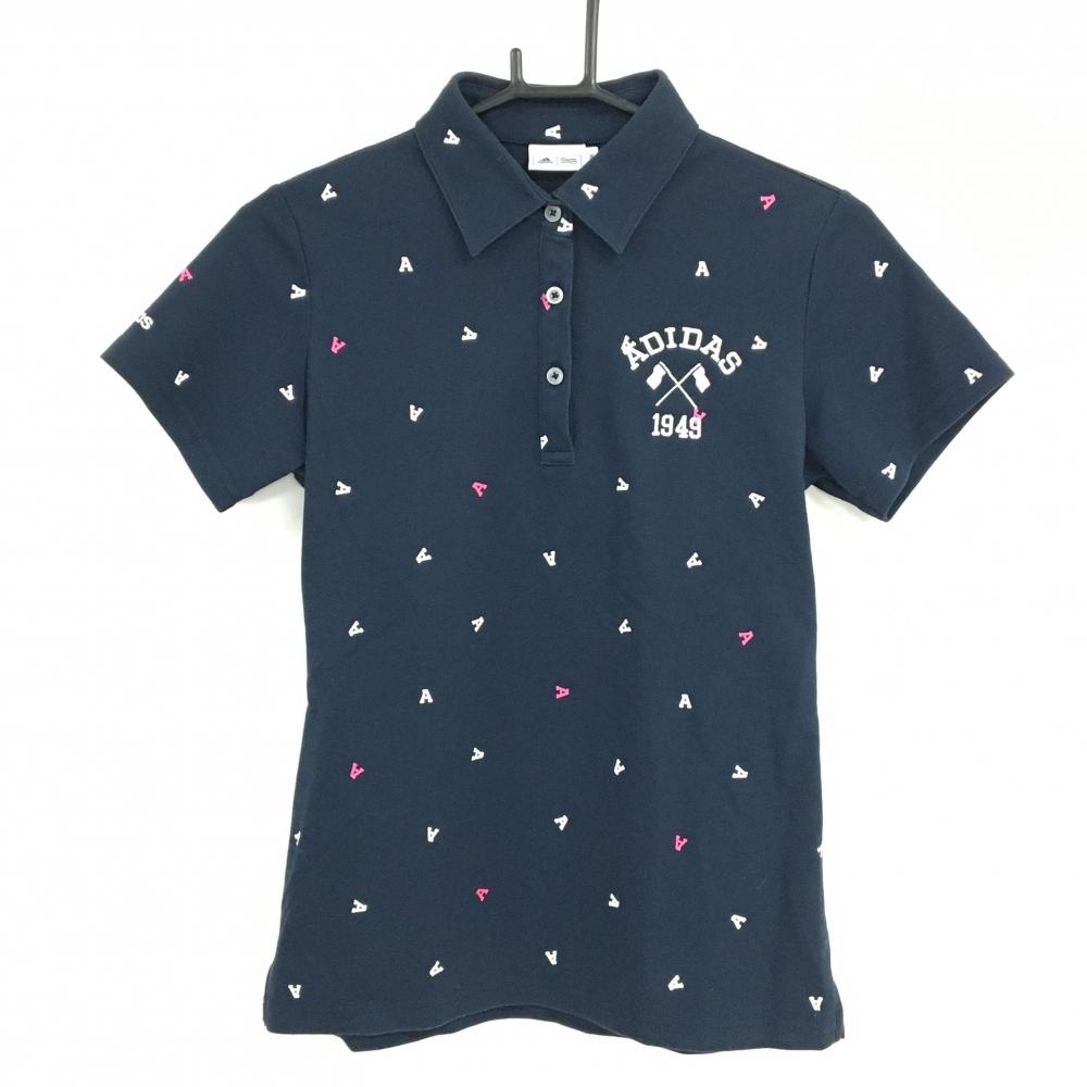 アディダス 半袖ポロシャツ ネイビー×白 A総柄 ロゴ刺しゅう レディース M ゴルフウェア adidas
