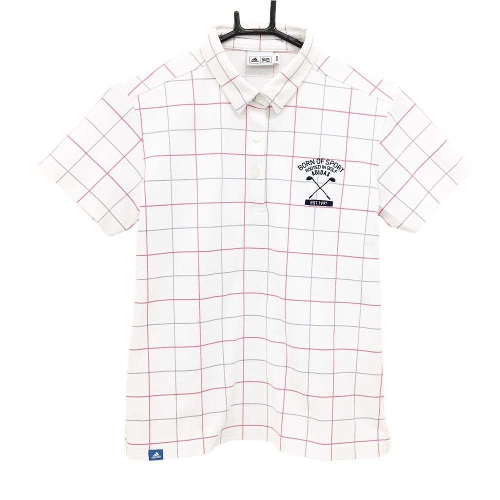 【美品】アディダス 半袖ポロシャツ 白×ピンク チェック ロゴ刺しゅう レディース M/M ゴルフウェア adidas
