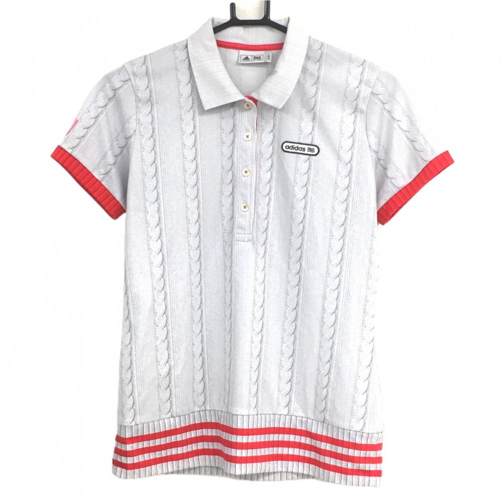 【超美品】アディダス 半袖ポロシャツ ライトグレー×レッド ケーブル編み風プリント レディース L/G ゴルフウェア adidas