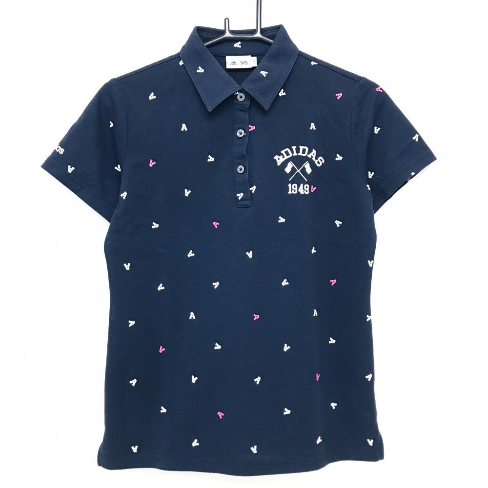 アディダス 半袖ポロシャツ ネイビー×白 総柄 袖ロゴ刺しゅう レディース L/G ゴルフウェア adidas
