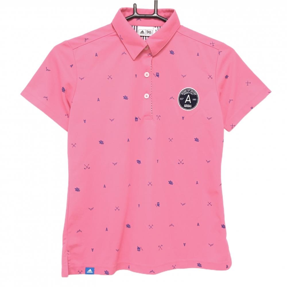 【美品】アディダス 半袖ポロシャツ ピンク×ブルー 総柄 ワッペン レディース M/M ゴルフウェア adidas