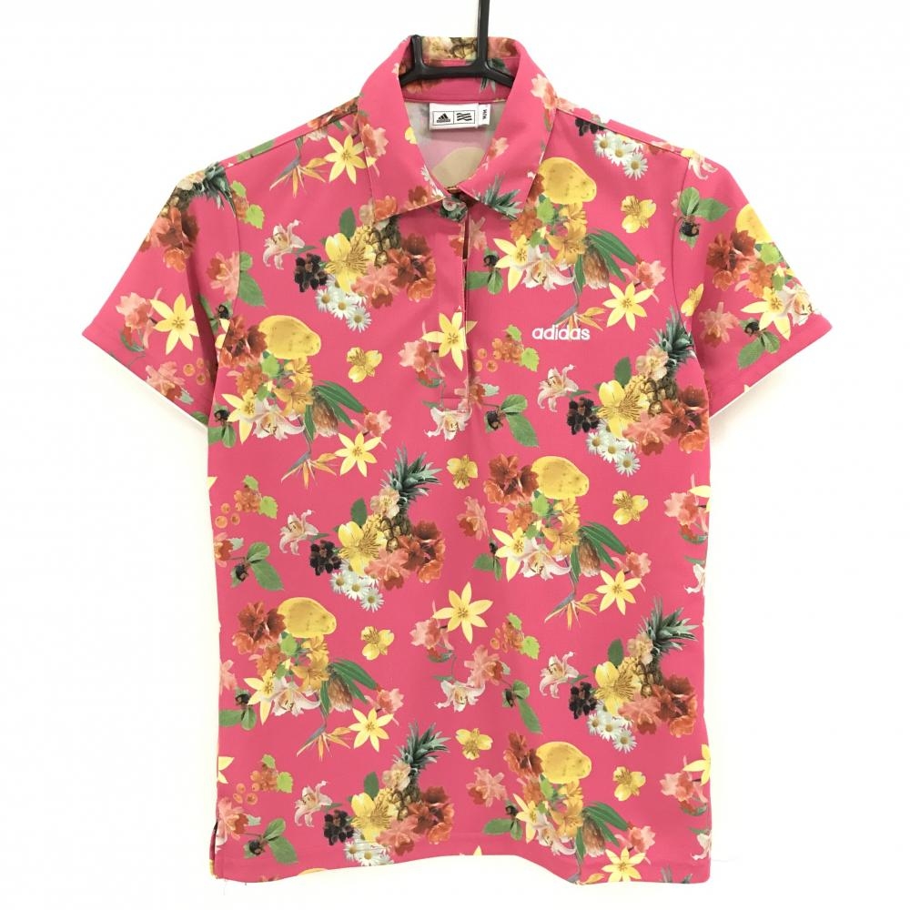 アディダス 半袖ポロシャツ ピンク×マルチカラー 花柄 ロゴ刺しゅう レディース M/M ゴルフウェア adidas