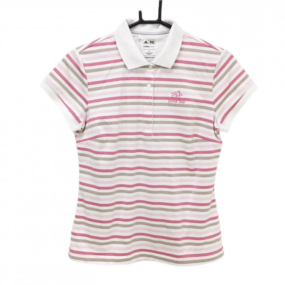 【美品】アディダス 半袖ポロシャツ 白×ピンク ボーダー 胸元刺しゅう  レディース S ゴルフウェア adidas