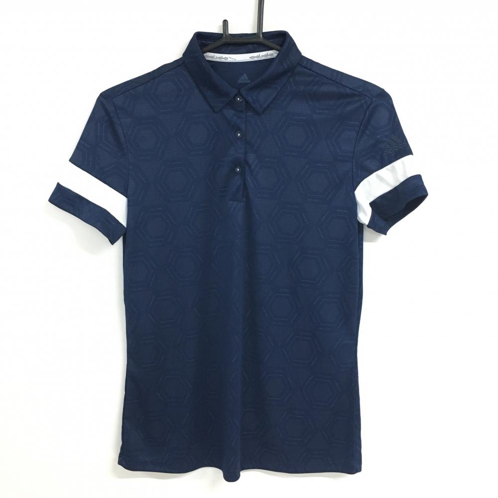 【超美品】アディダス 半袖ポロシャツ ネイビー×白 ヘキサゴン地模様 レディース L ゴルフウェア adidas