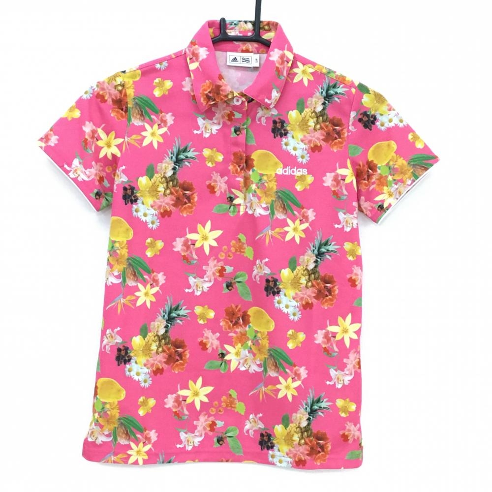 【超美品】アディダス 半袖ポロシャツ ピンク×マルチカラー 花柄 果実 ロゴ刺しゅう レディース S/P ゴルフウェア adidas