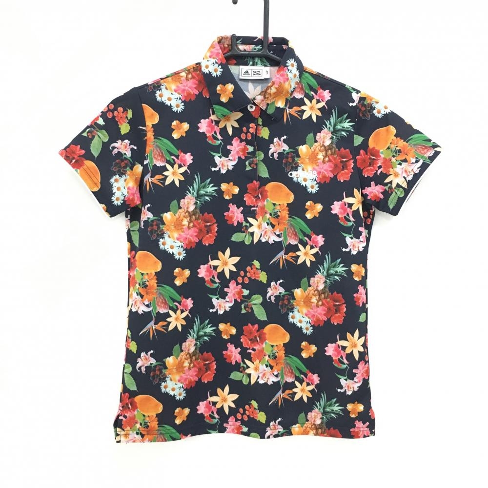 【超美品】アディダス 半袖ポロシャツ 黒×マルチカラー 花総柄 レディース S ゴルフウェア adidas