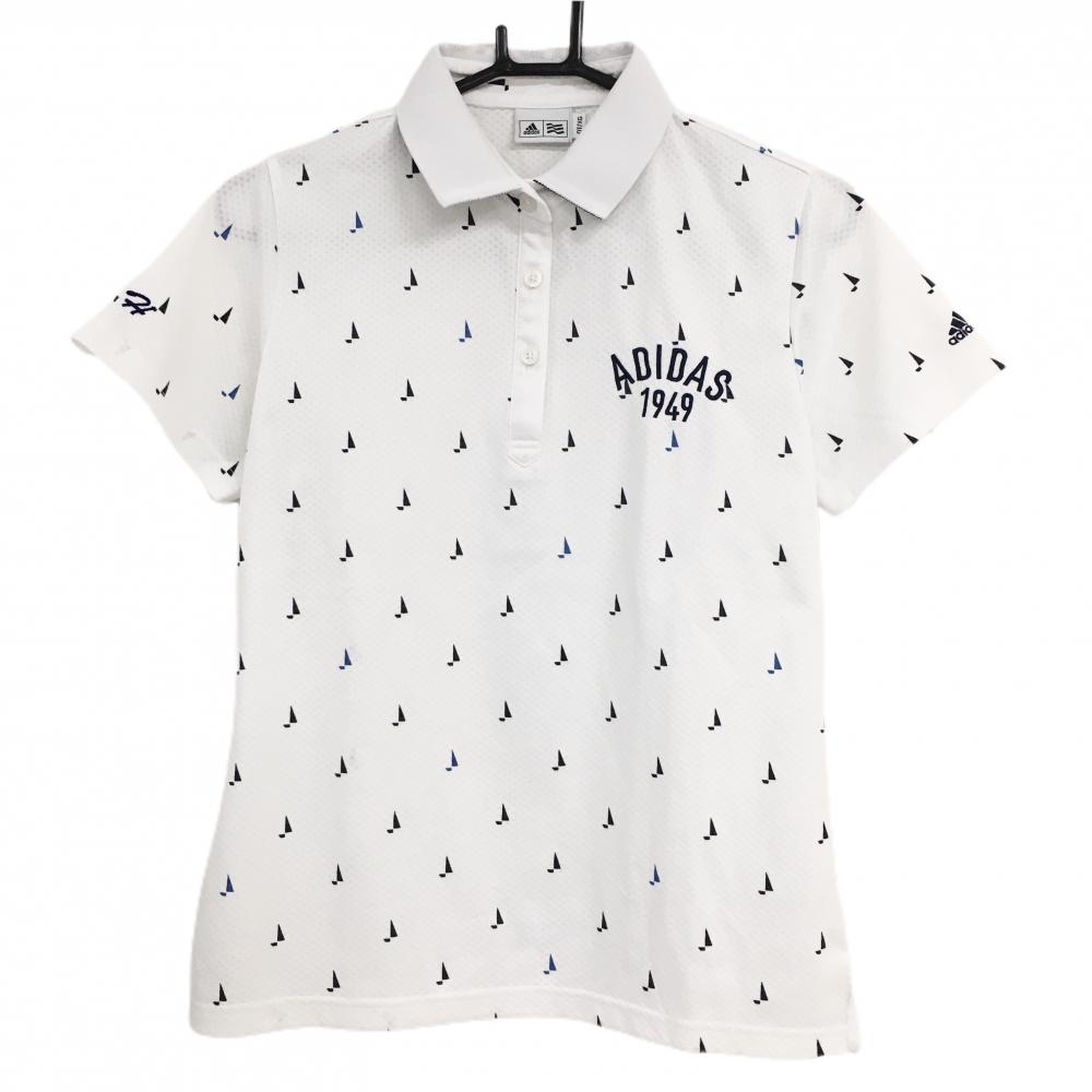 【美品】アディダス 半袖ポロシャツ 白×ダークネイビー 総柄 胸ロゴ レディース OT/XG ゴルフウェア adidas