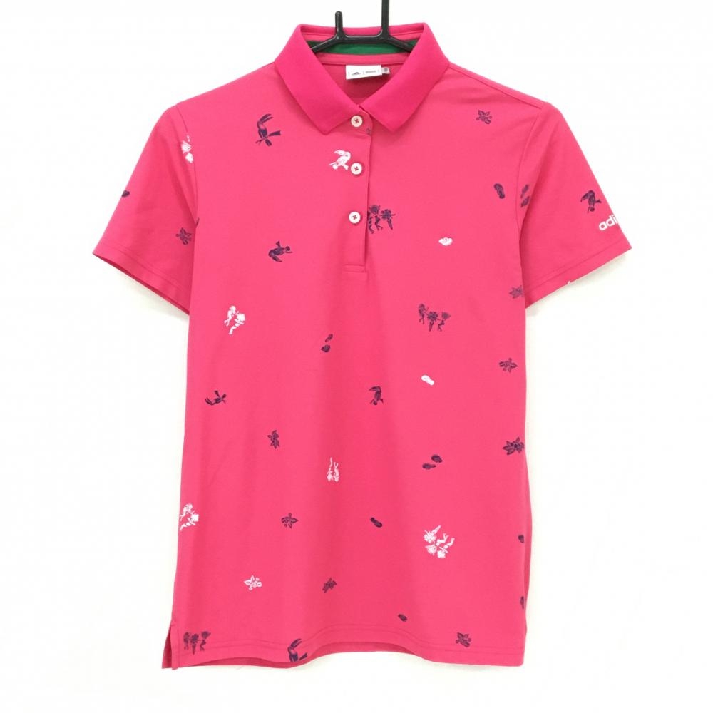 アディダス 半袖ポロシャツ ピンク×ネイビー 総柄 襟裏ボーダー  レディース OT/XG ゴルフウェア adidas