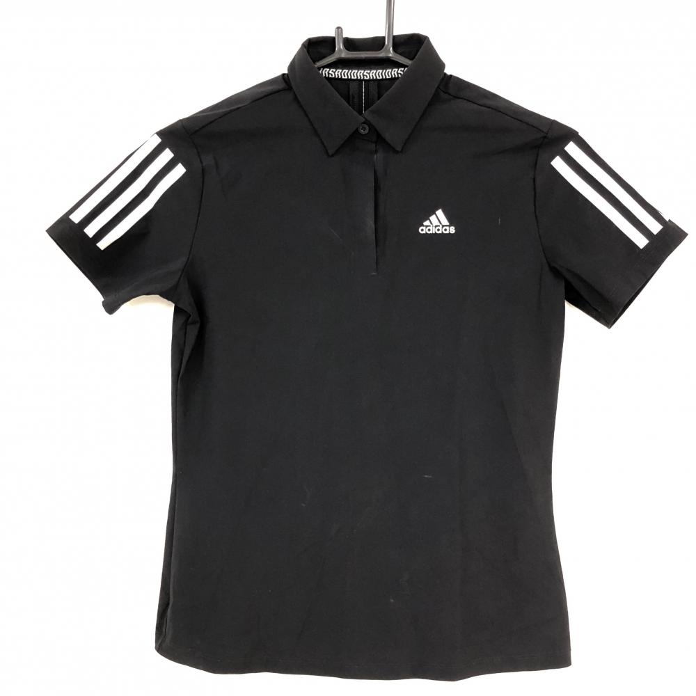 アディダス 半袖ポロシャツ 黒×ライトグレー 袖3ライン ナイロン混 レディース S ゴルフウェア adidas