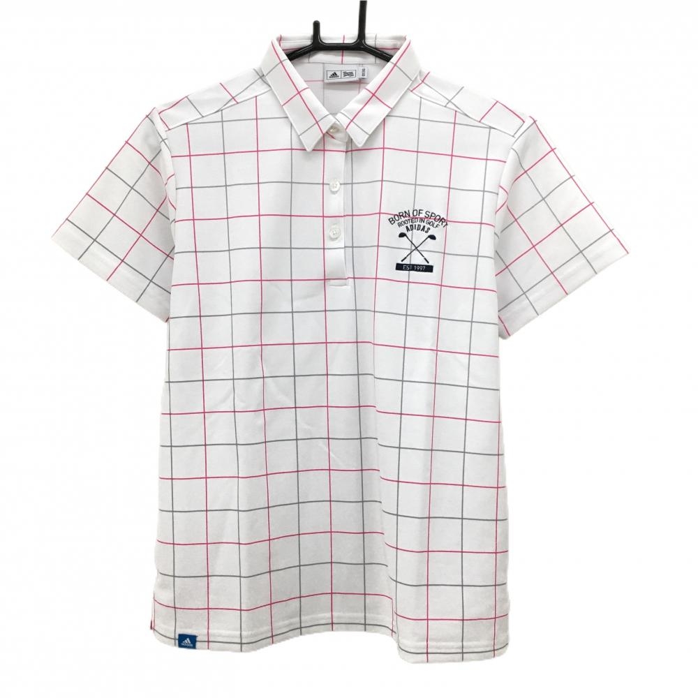 【超美品】アディダス 半袖ポロシャツ 白×ピンク 格子チェック柄 ロゴ刺しゅう レディース OT(XL) ゴルフウェア adidas