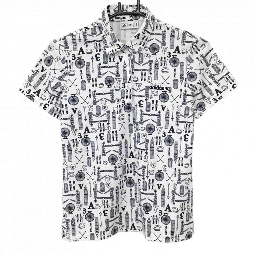 【超美品】アディダス 半袖ポロシャツ 白×ネイビー 英国風総柄 ロゴ刺しゅう レディース M/M ゴルフウェア adidas
