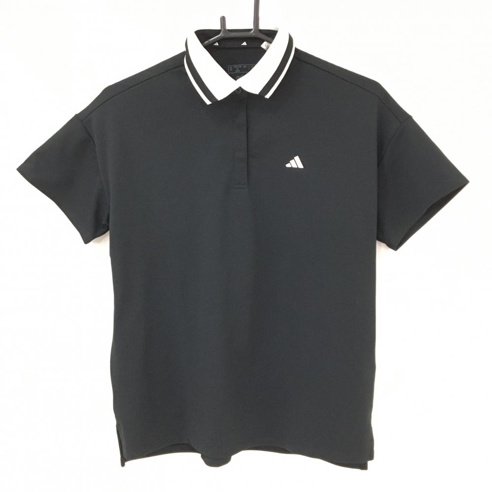 【美品】アディダス 半袖ポロシャツ 黒×白 襟ライン 胸元ロゴ  レディース L ゴルフウェア adidas