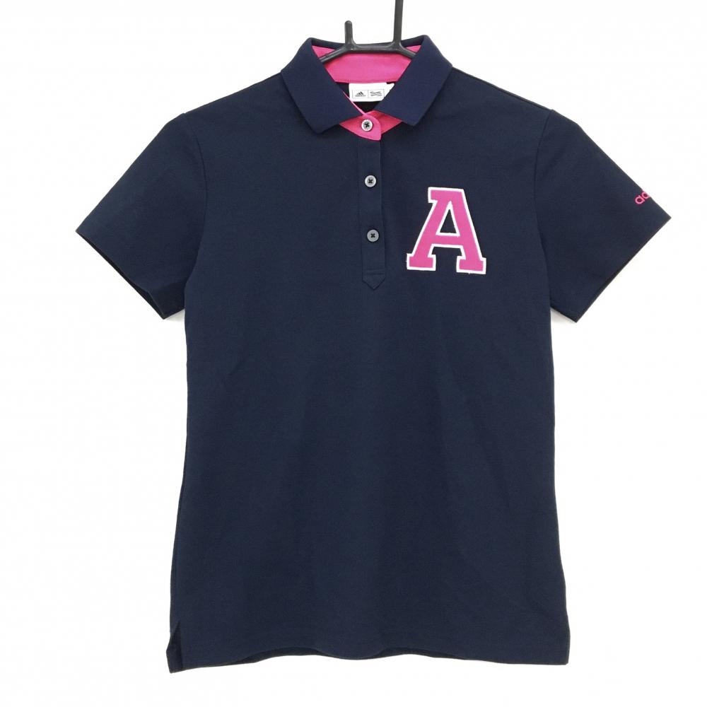 【美品】アディダス 半袖ポロシャツ ネイビー×ピンク 襟裏ロゴ  レディース S/P ゴルフウェア adidas