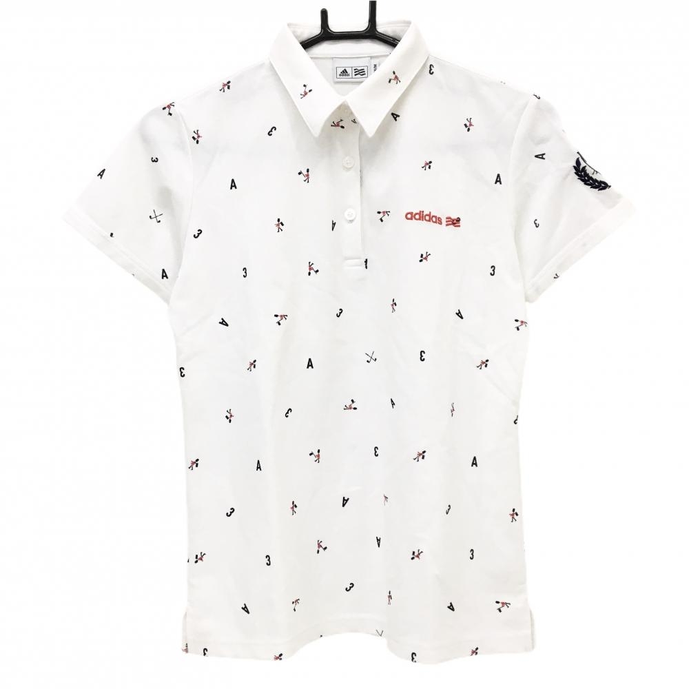 【超美品】アディダス 半袖ポロシャツ 白×ネイビー 総柄 ロゴ刺しゅう レディース M/M ゴルフウェア adidas