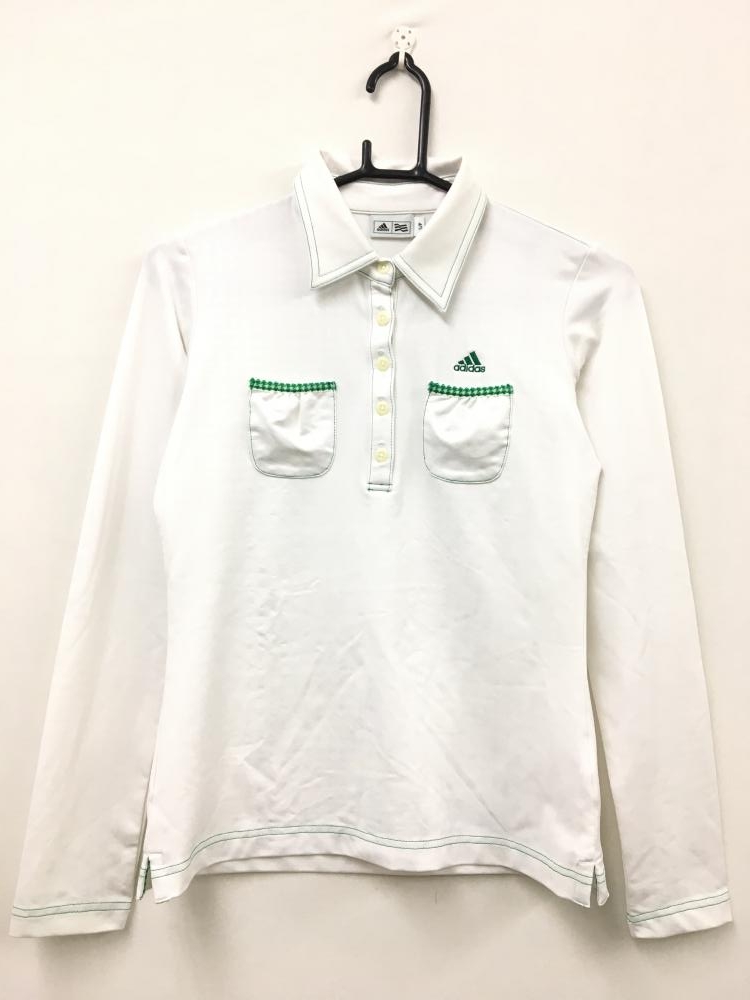 adidas アディダス　長袖ポロシャツ　白×グリーン　千鳥格子織り柄　レディース S/P ゴルフ W1