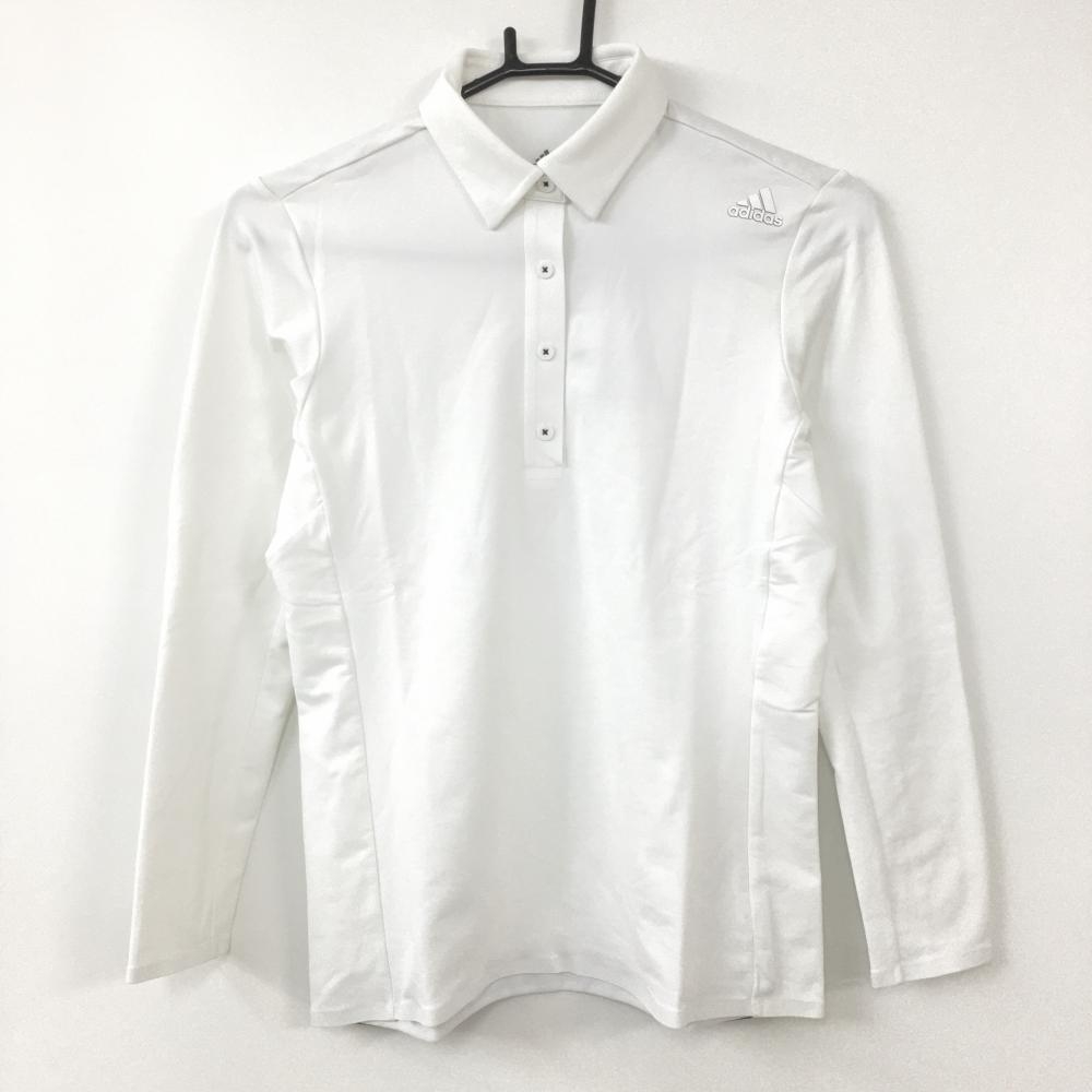 【新品】55％OFF～adidas アディダス 長袖ポロシャツ 白×ネイビー 裾ゴム英字 裏微起毛 レディース M ゴルフウェア