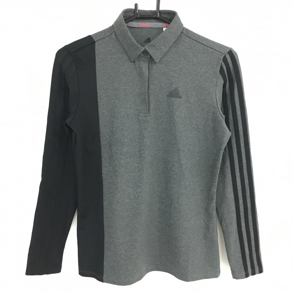 【新品】アディダス 長袖ポロシャツ 杢グレー×黒 UPF50 袖3ライン ボタンダウン レディース M ゴルフウェア adidas