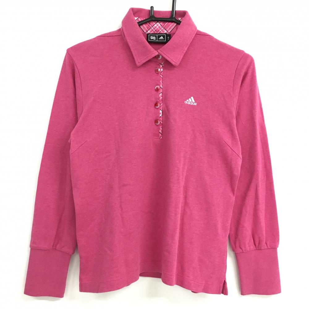 【美品】アディダス 長袖ポロシャツ ピンク ロゴ刺しゅう 一部チェック柄  レディース L/G ゴルフウェア adidas