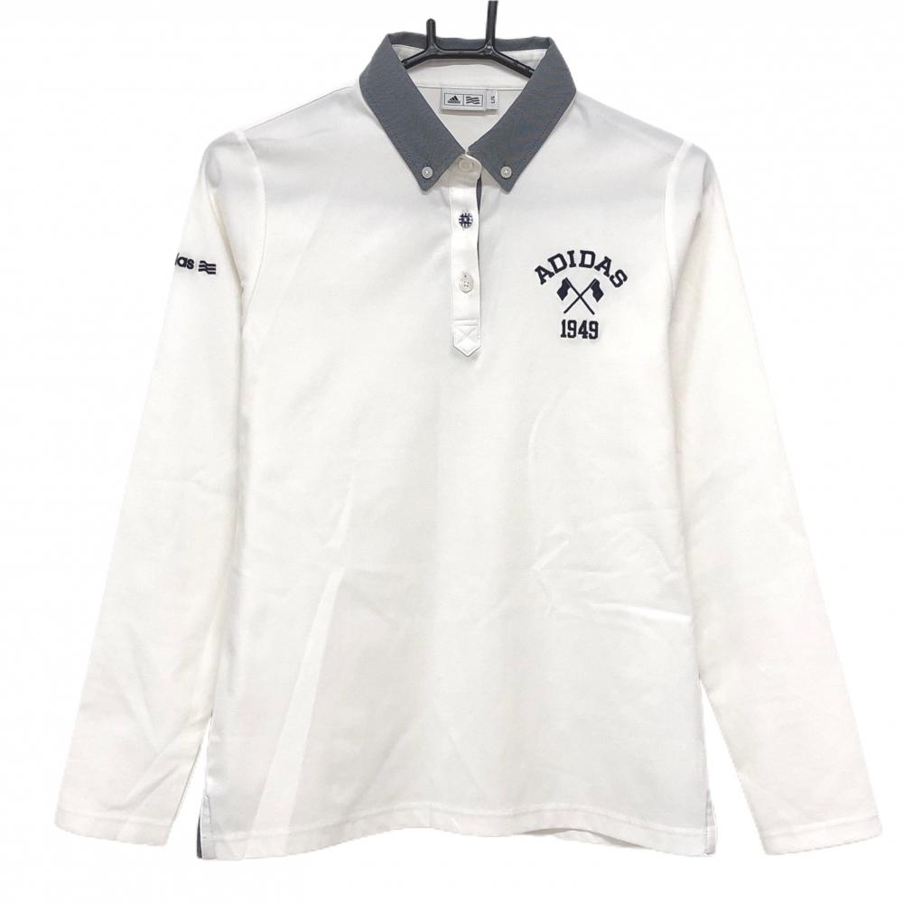 【美品】アディダス 長袖ポロシャツ 白×ネイビー ボタンダウン レディース L/G ゴルフウェア adidas