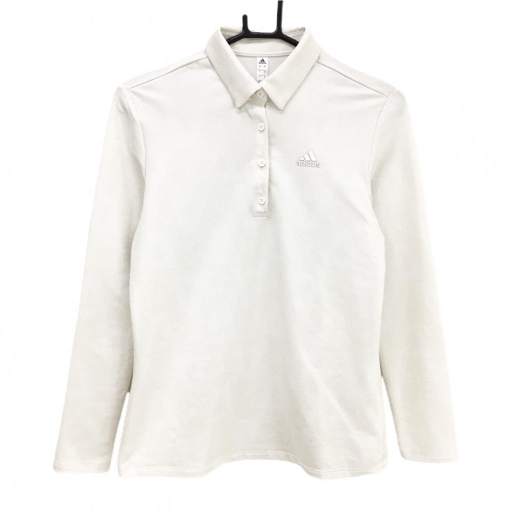 【超美品】アディダス 長袖ポロシャツ 白×アイボリー 総柄 アルファベット 立体ロゴ レディース M ゴルフウェア adidas