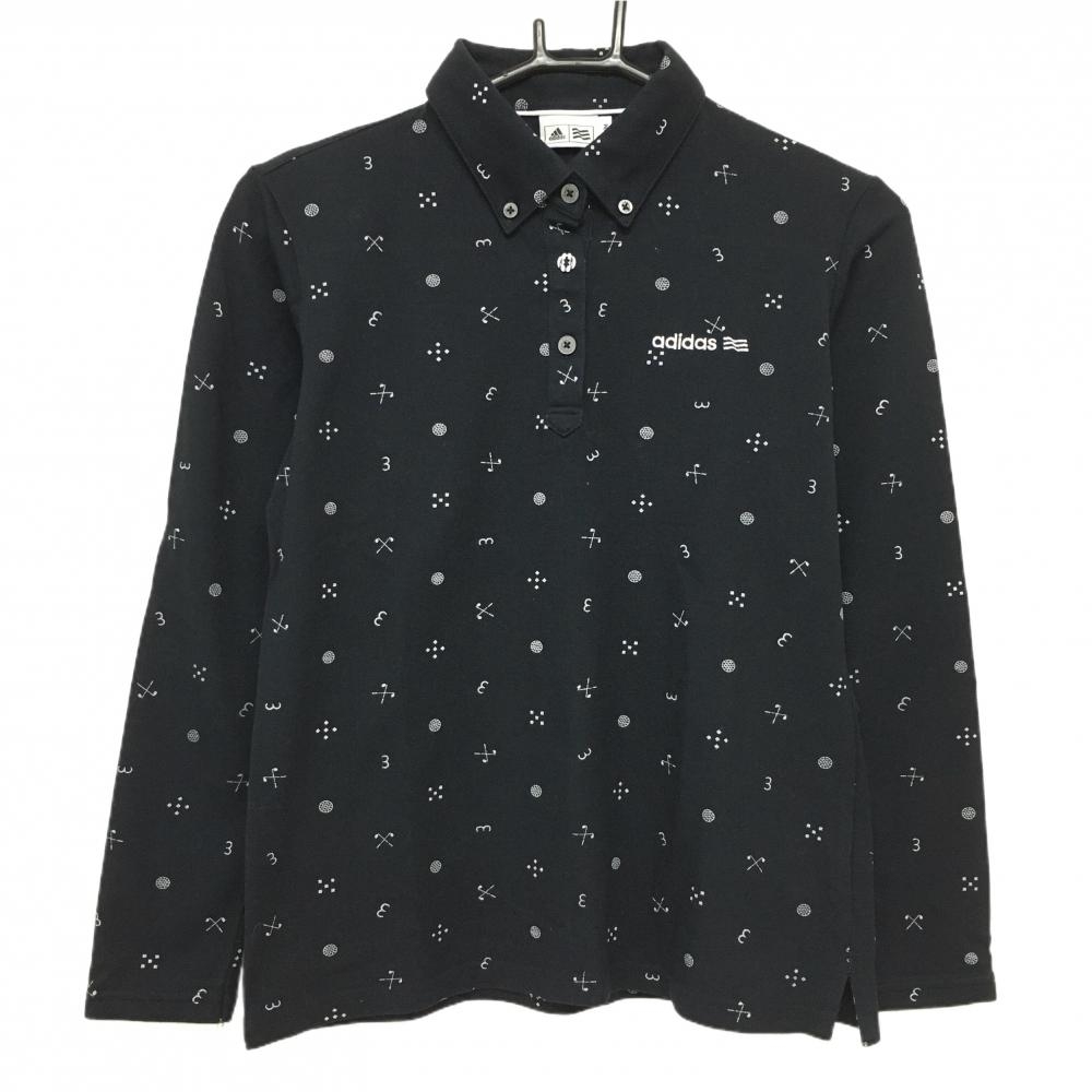 【美品】アディダス 長袖ポロシャツ ネイビー×白 総柄 ロゴ刺しゅう ボタンダウン レディース M/M ゴルフウェア adidas