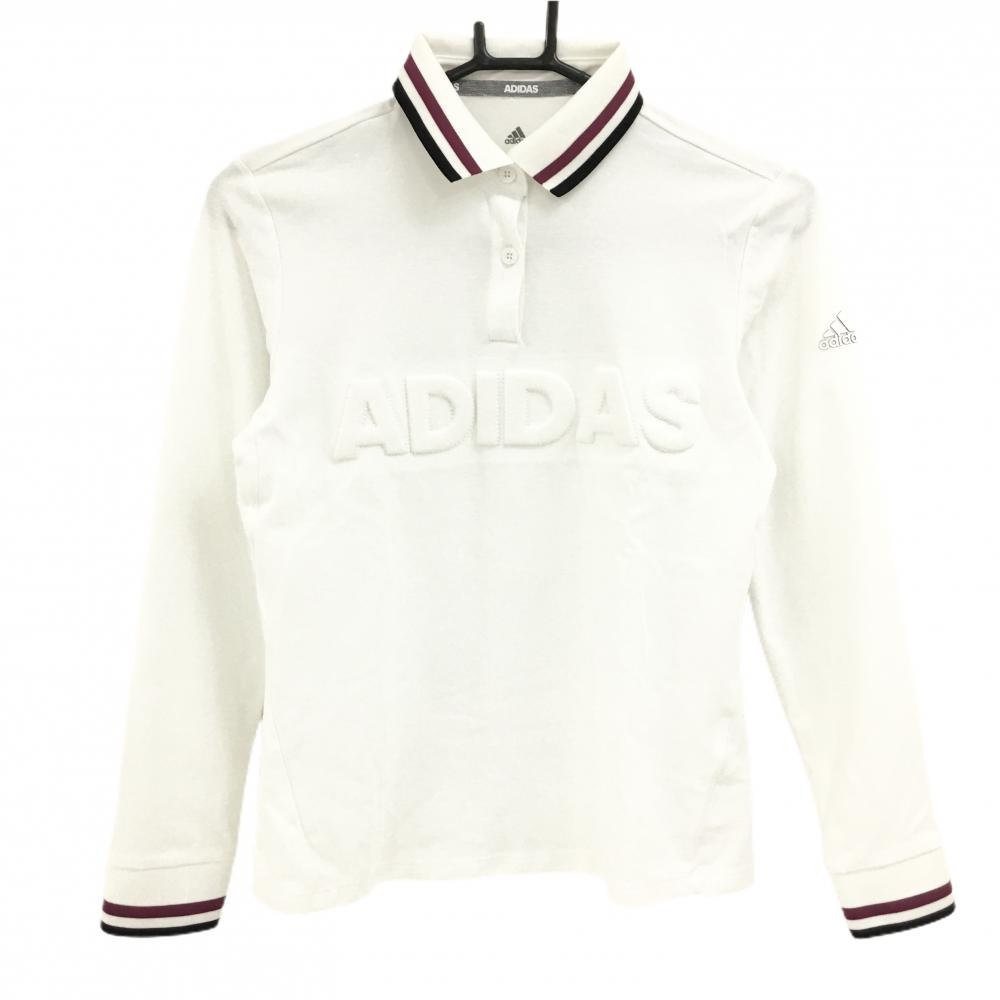 【超美品】アディダス 長袖ポロシャツ 白×ボルドー 襟・袖口ライン 立体ロゴ刺しゅう レディース L ゴルフウェア adidas