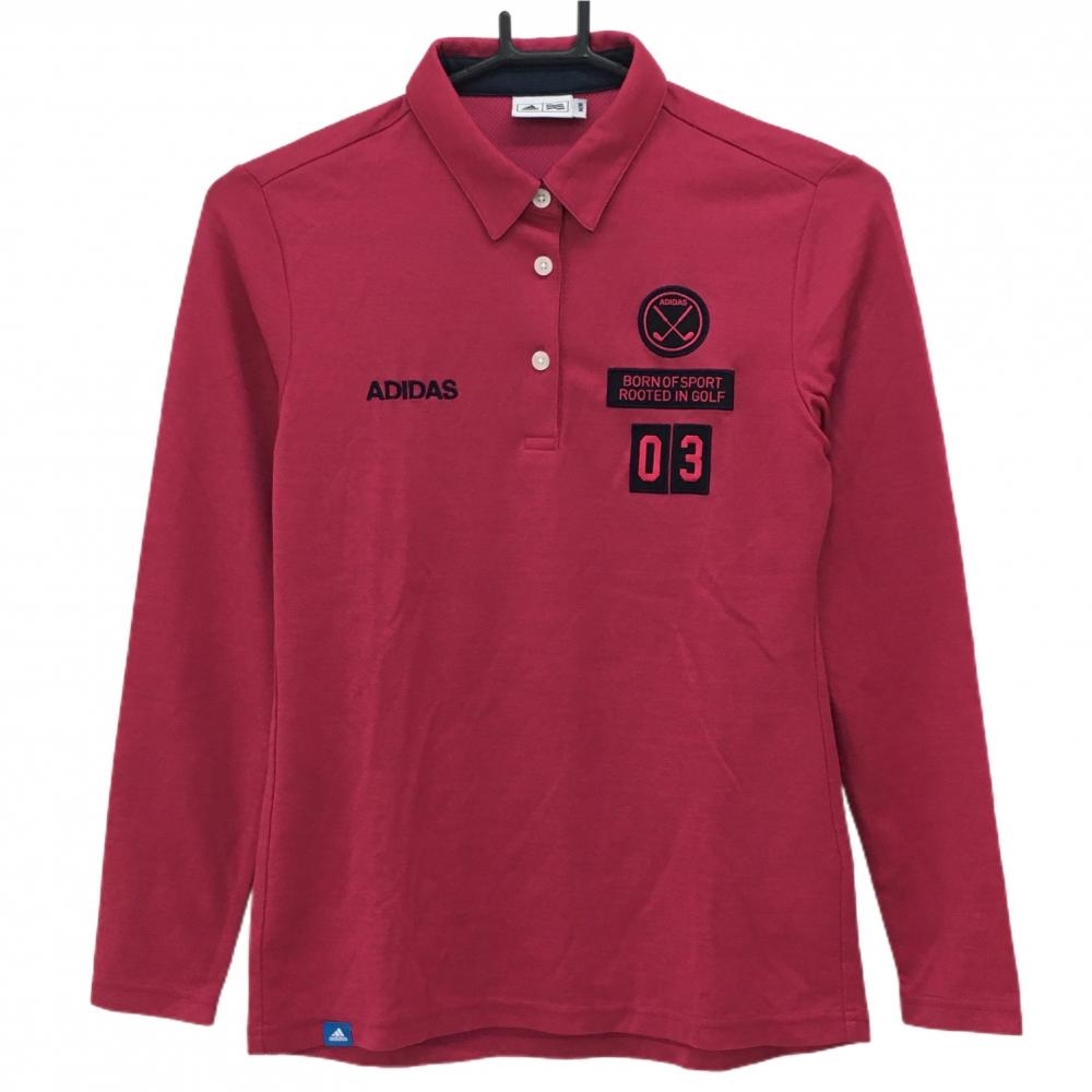 【超美品】アディダス 長袖ポロシャツ ダークピンク×ネイビー 複数ワッペン ウール混 レディース M/M ゴルフウェア adidas