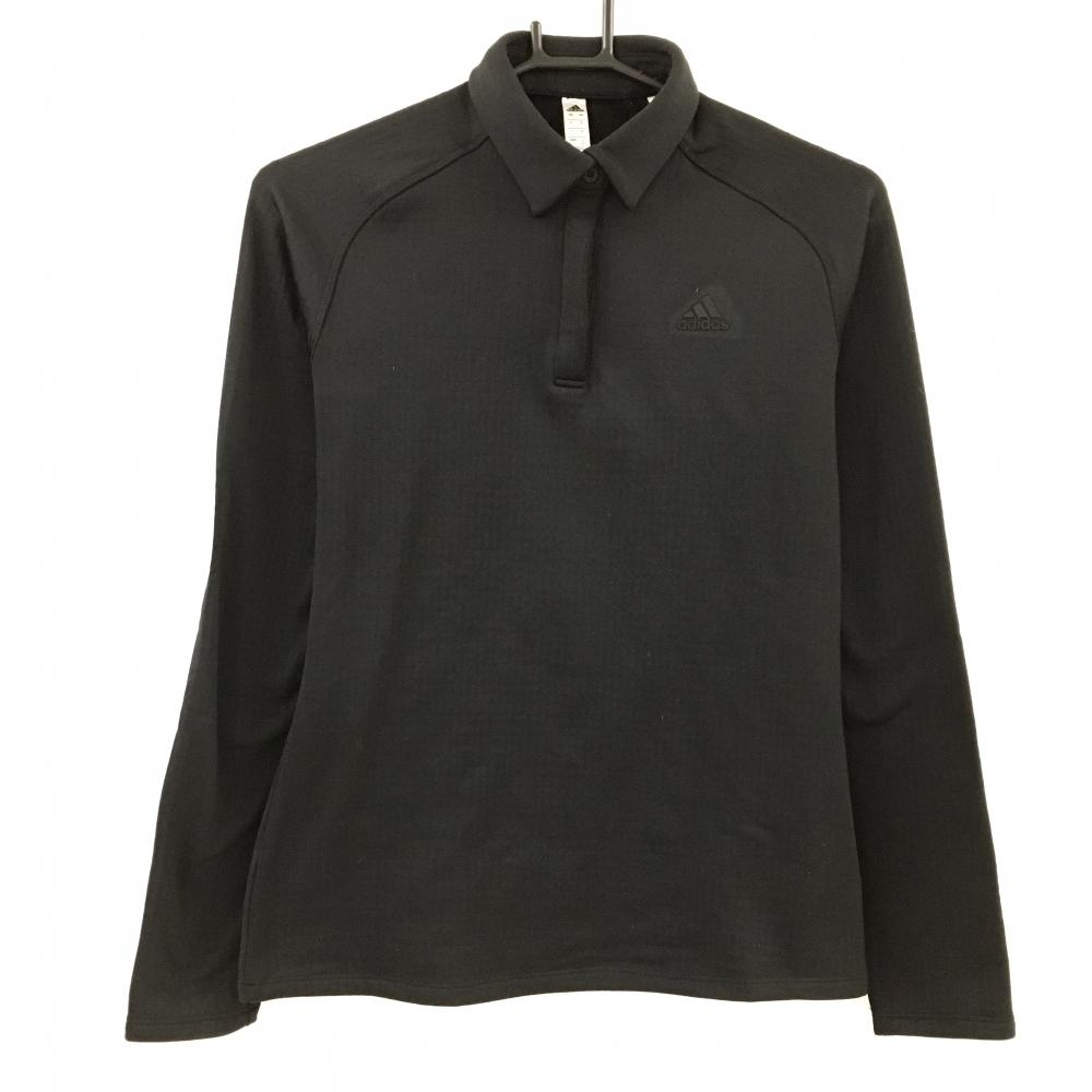 【美品】アディダス 長袖ポロシャツ 黒 裏微起毛 背3ライン レディース M ゴルフウェア adidas