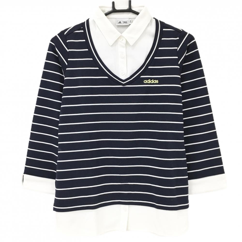 アディダス 長袖ポロシャツ ネイビー×白 ボーダー 重ね着風 レディース M/M ゴルフウェア adidas