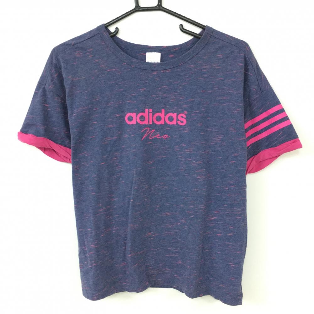 【美品】アディダス 半袖Tシャツ ネイビー×ピンク 袖3ライン レディース M ゴルフウェア adidas