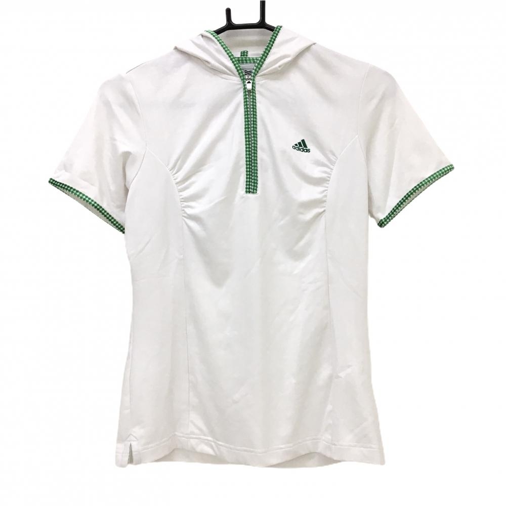 【超美品】アディダス フード付Tシャツ 白×グリーン ハーフジップ ストレッチ  レディース M/M ゴルフウェア サンプル品 adidas