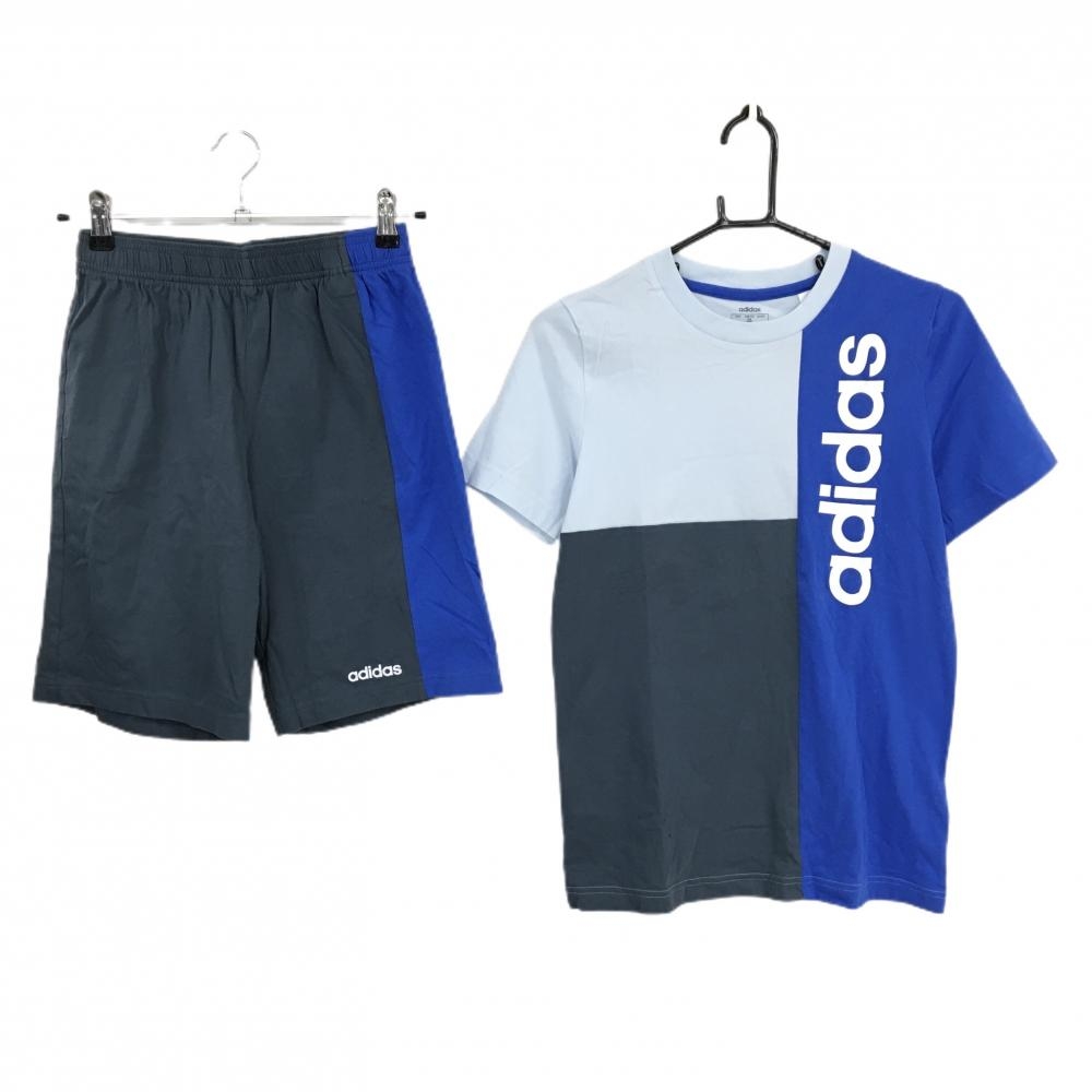 【新品】アディダス Tシャツ上下セット ブルー×ライトブルー ロゴ ハーフパンツ付  レディース 160 ゴルフウェア adidas