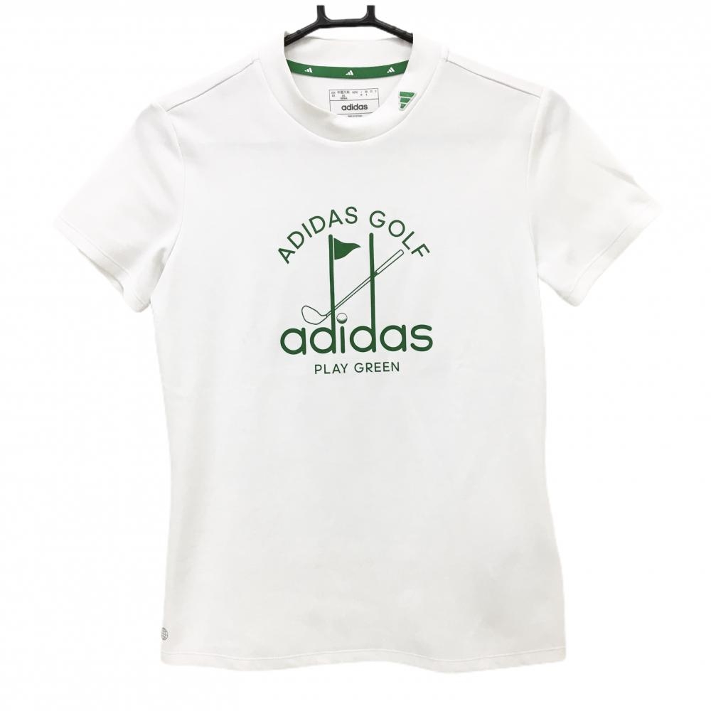 アディダス 半袖ハイネックシャツ 白×グリーン ロゴプリント レディース M ゴルフウェア adidas