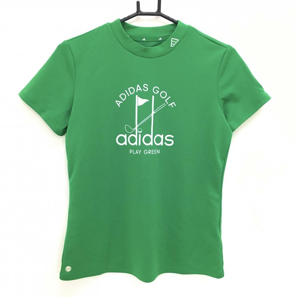 【超美品】アディダス Tシャツ グリーン×白 胸プリント ネックロゴ刺しゅう レディース L ゴルフウェア adidas