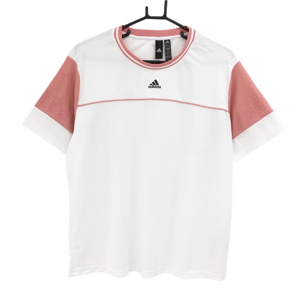 【超美品】アディダス Tシャツ 白×ピンク 袖ロゴ  レディース OT(XL) ゴルフウェア adidas
