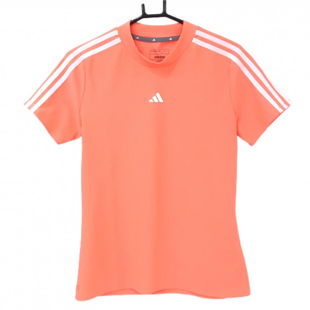 【美品】アディダス 半袖シャツ オレンジ×白 ストライプ地模様 袖3ライン レディース XL  ゴルフウェア adidas