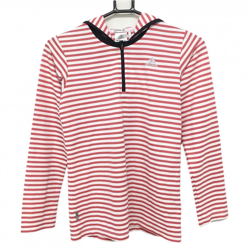 【美品】アディダス 長袖Ｔシャツ 白×ピンク ボーダー フード付き ハーフジップ  レディース M ゴルフウェア adidas