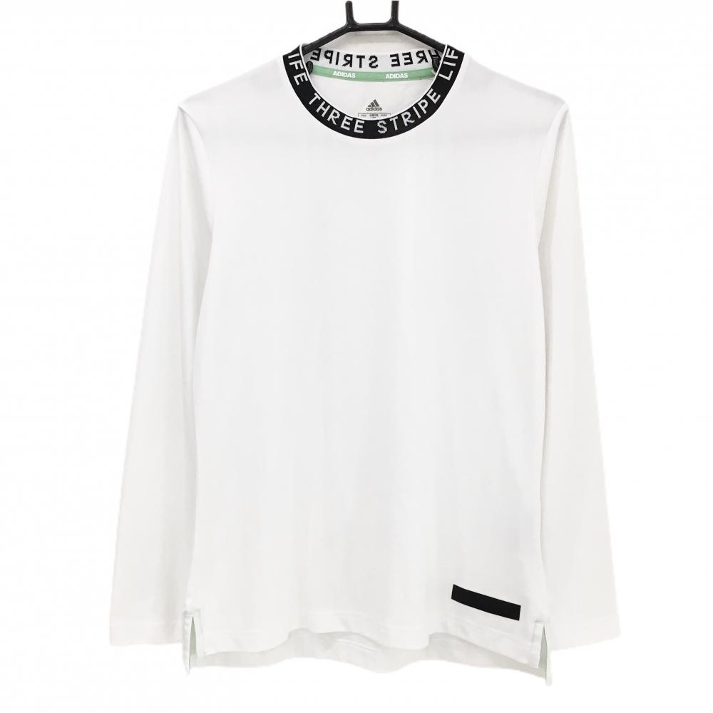 アディダス 長袖Ｔシャツ 白×黒 3ライン地模様 ネック英字 裾ロゴ レディース OT ゴルフウェア adidas