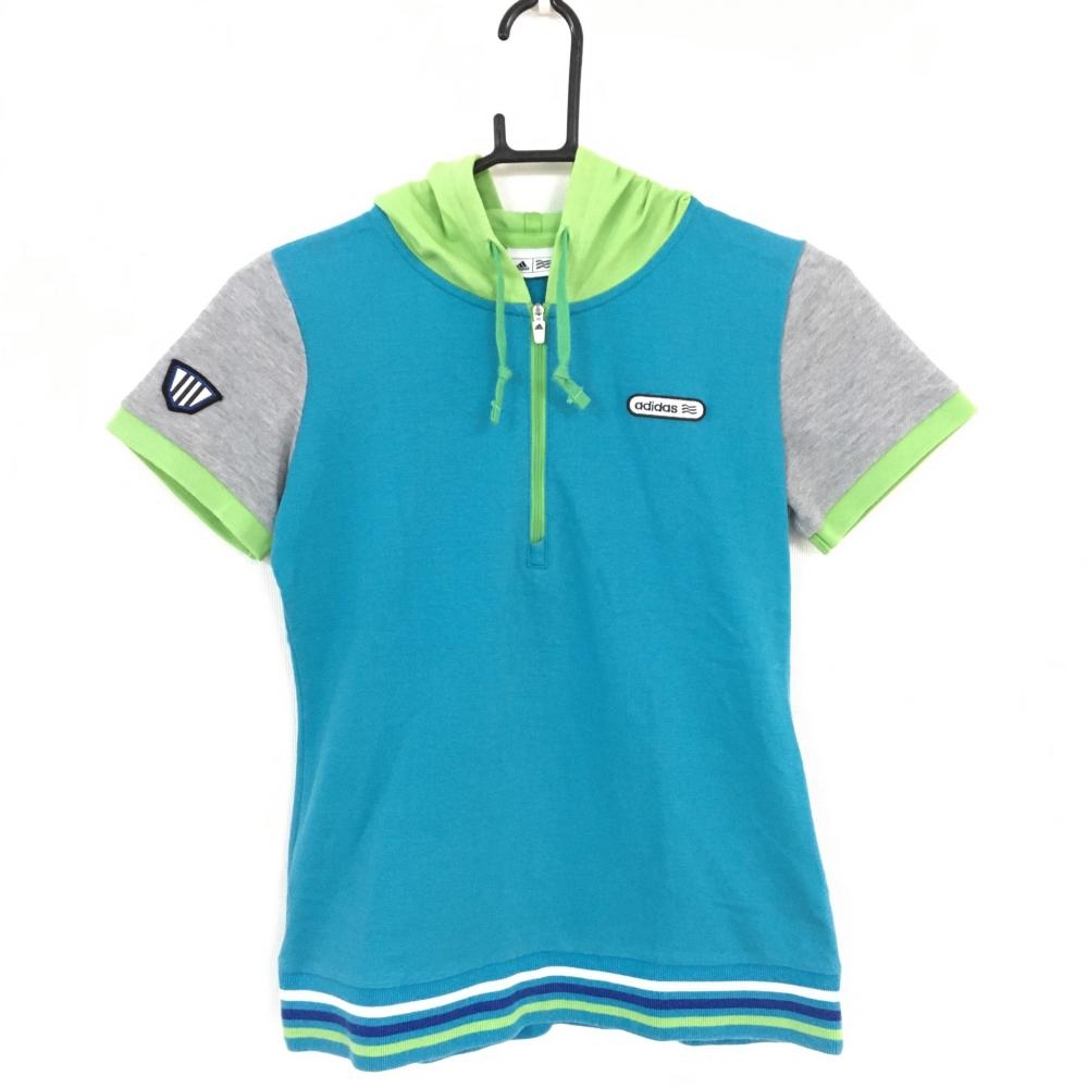 adidas アディダス フード付き半袖シャツ ブルーグリーン×グレー ハーフジップ プルオーバー  レディース M ゴルフウェア