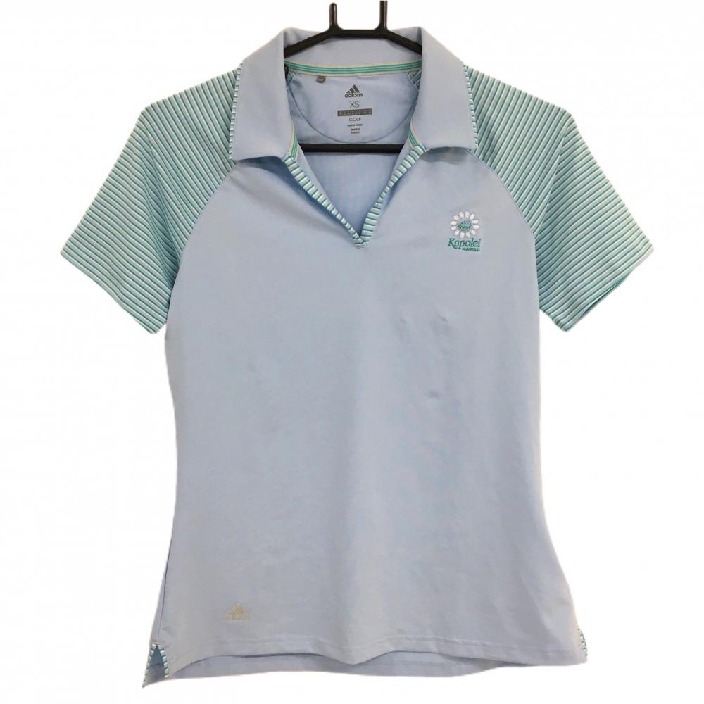 【超美品】アディダス 半袖スキッパーシャツ ライトブルー×グリーン 袖・襟裏ボーダー  レディース XS ゴルフウェア adidas
